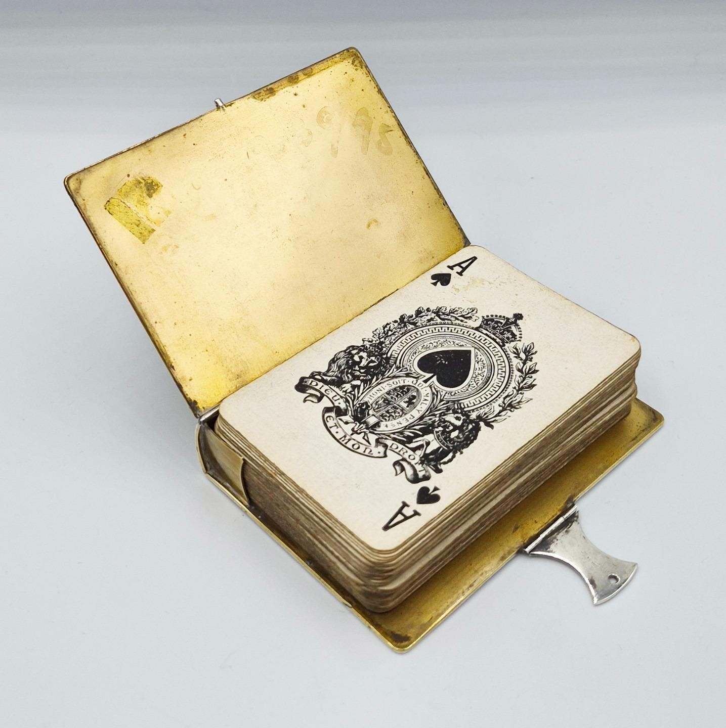 FINE NOVELTY SOLID SILVER & SHAGREEN "LET US PLAY" BOOK PLAYING CARD CASE c1910