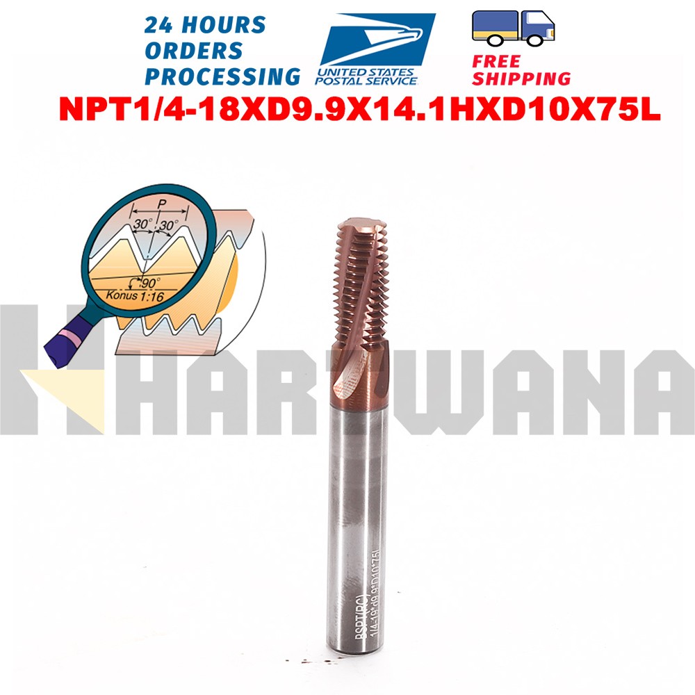 1/4-18 NPT Solid Carbide Thread Mill TiAlN Coated Full Tooth CNC Milling Thread