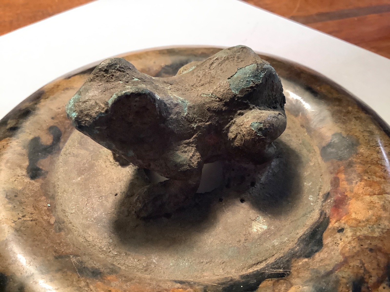 VERY OLD MING ? CHINESE ARTIFACT INCENSE CENSER LID BRONZE FROG JASPER STONE BI
