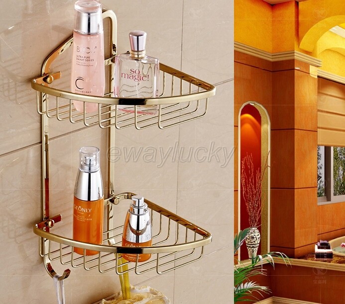 Gold Color Brass Corner Shower Caddy 2 Tier Bath Storage Shelf Rack Basket