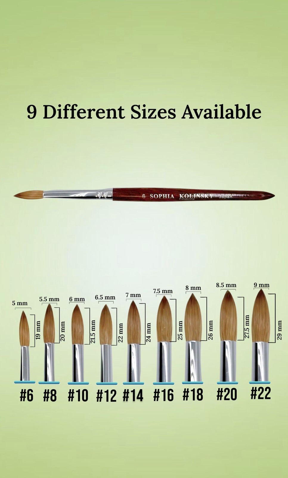 sophia Red Wood 100% real Kolinsky Acrylic Nail Brush Round all size 6 - 22