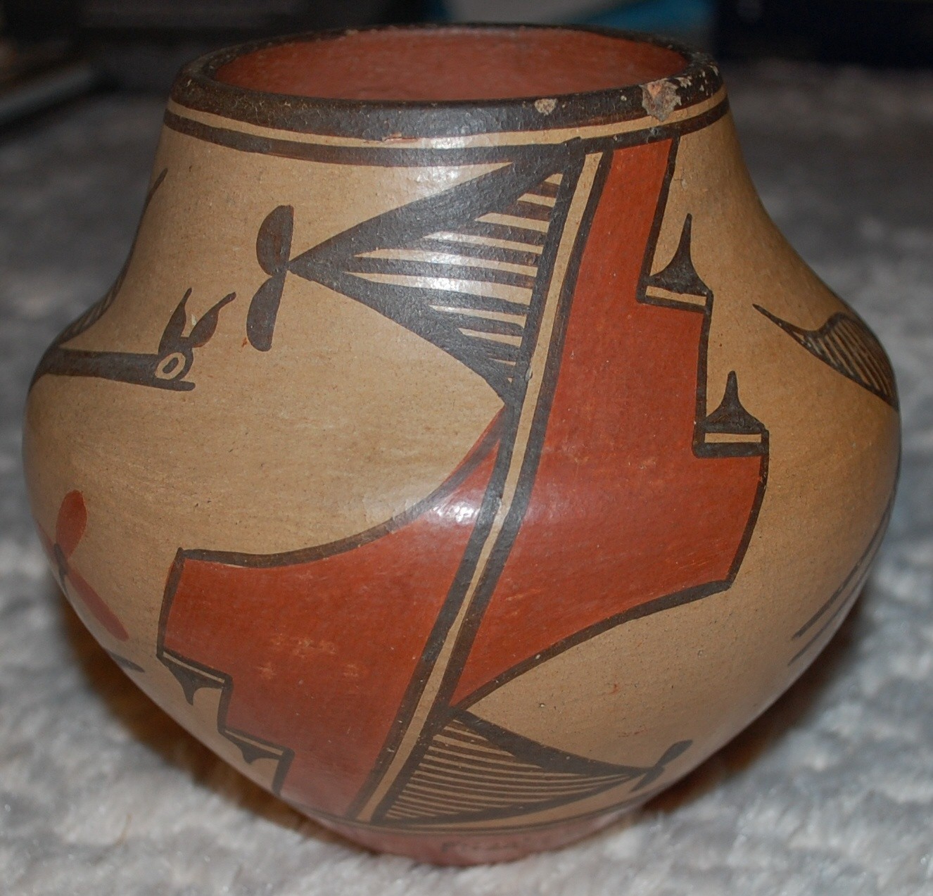 Vintage-1930-40 Zia Pottery Jar Roadrunner, Flower & Geometric designs-E. Medina