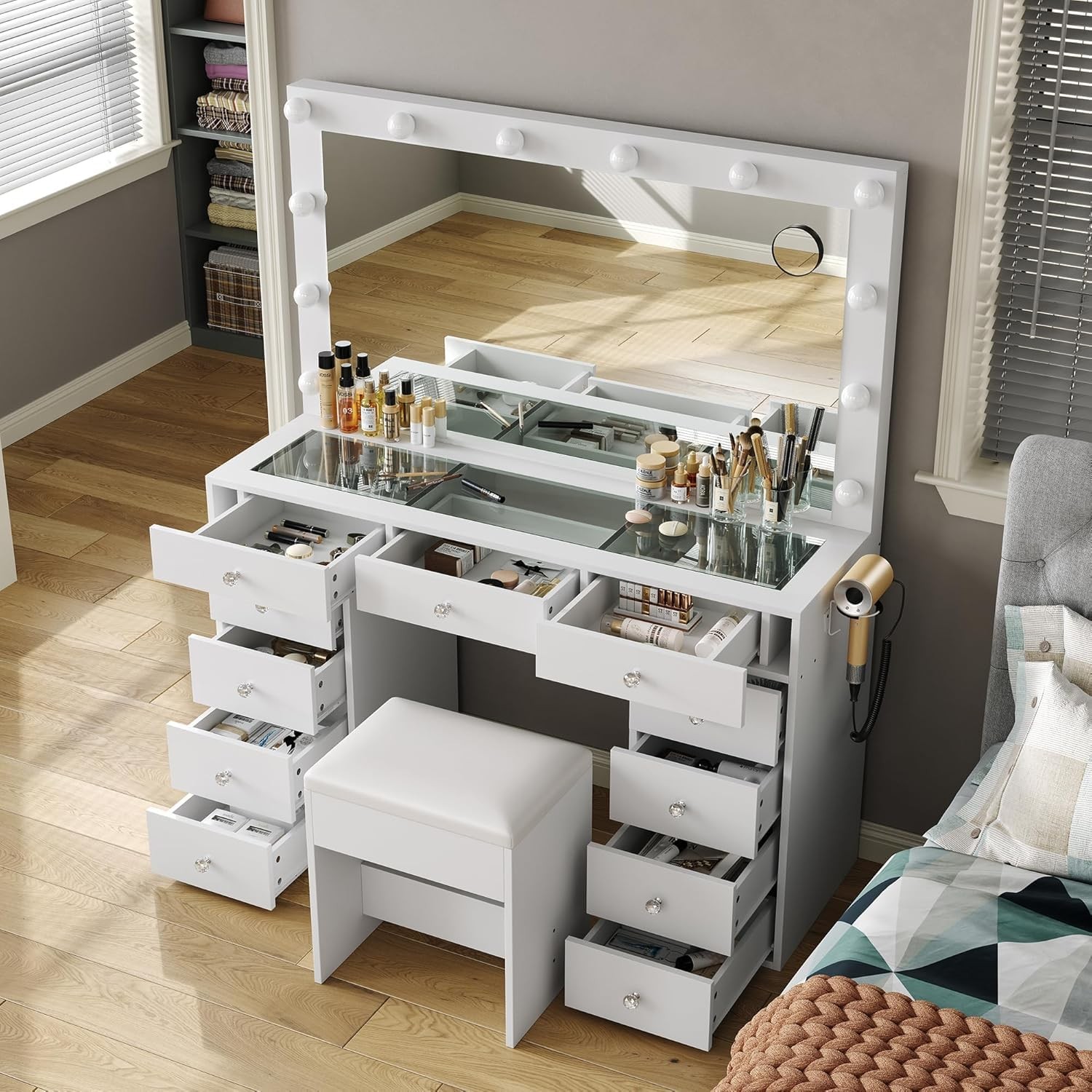 Vanity Desk with Mirror, Makeup Vanity 11 Drawers & Chair, White, Christmas Gift