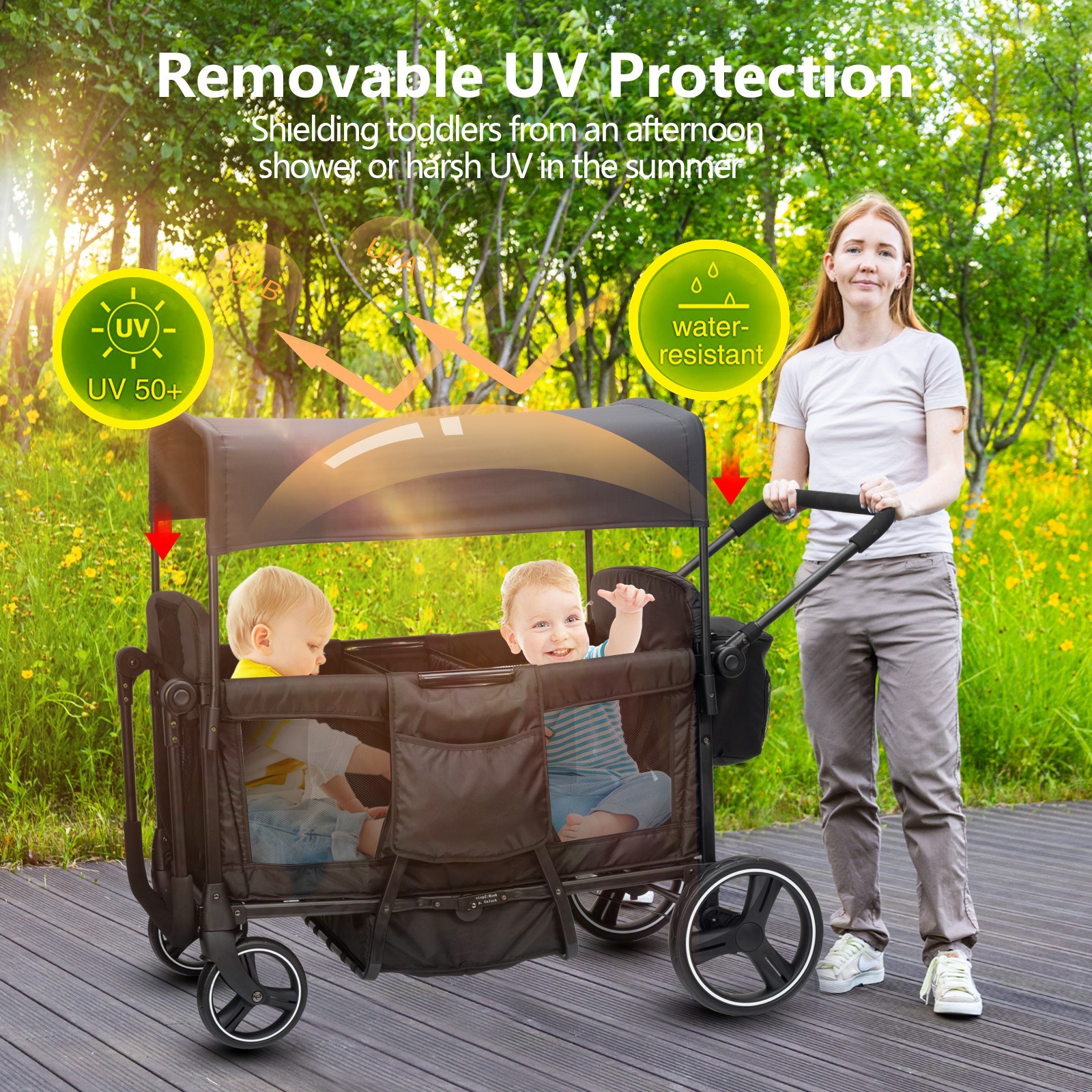 Wagon Stroller for 4 kids Lightweight folding baby stroller&with Mom's bag Black