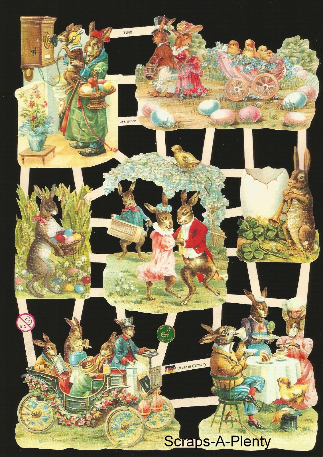 German Embossed Vintage Style Scrap Die Cut  Easter Bunny & Colored Eggs  EF7349