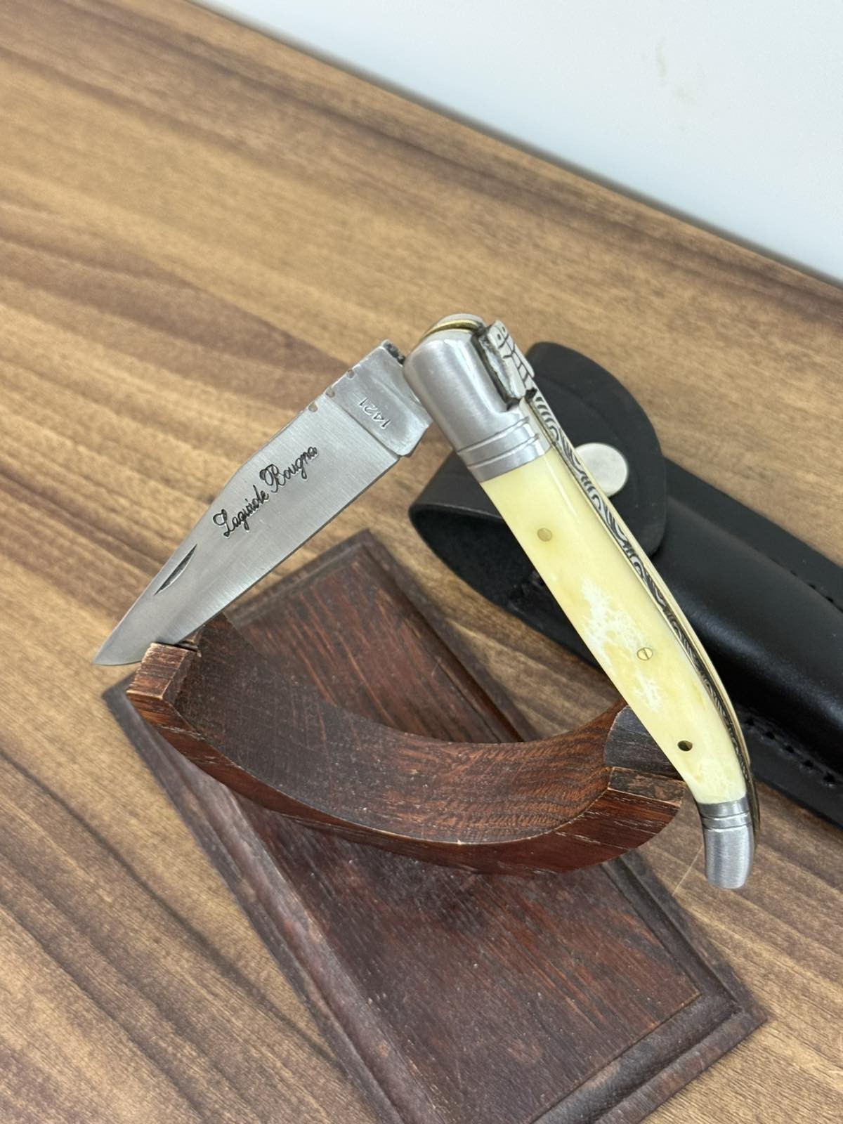 Vintage Laquiole Pocket Knife Blade Steel Antler Handle Leather Sheath Mens Rare