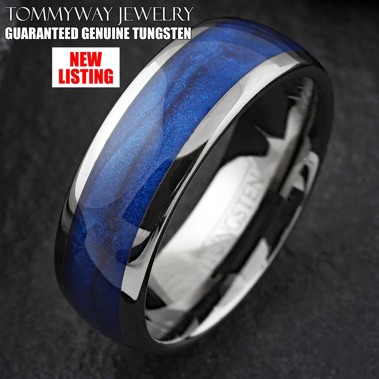 Gunmetal Tungsten Carbide Blue Flowing Sand Wedding Band Ring