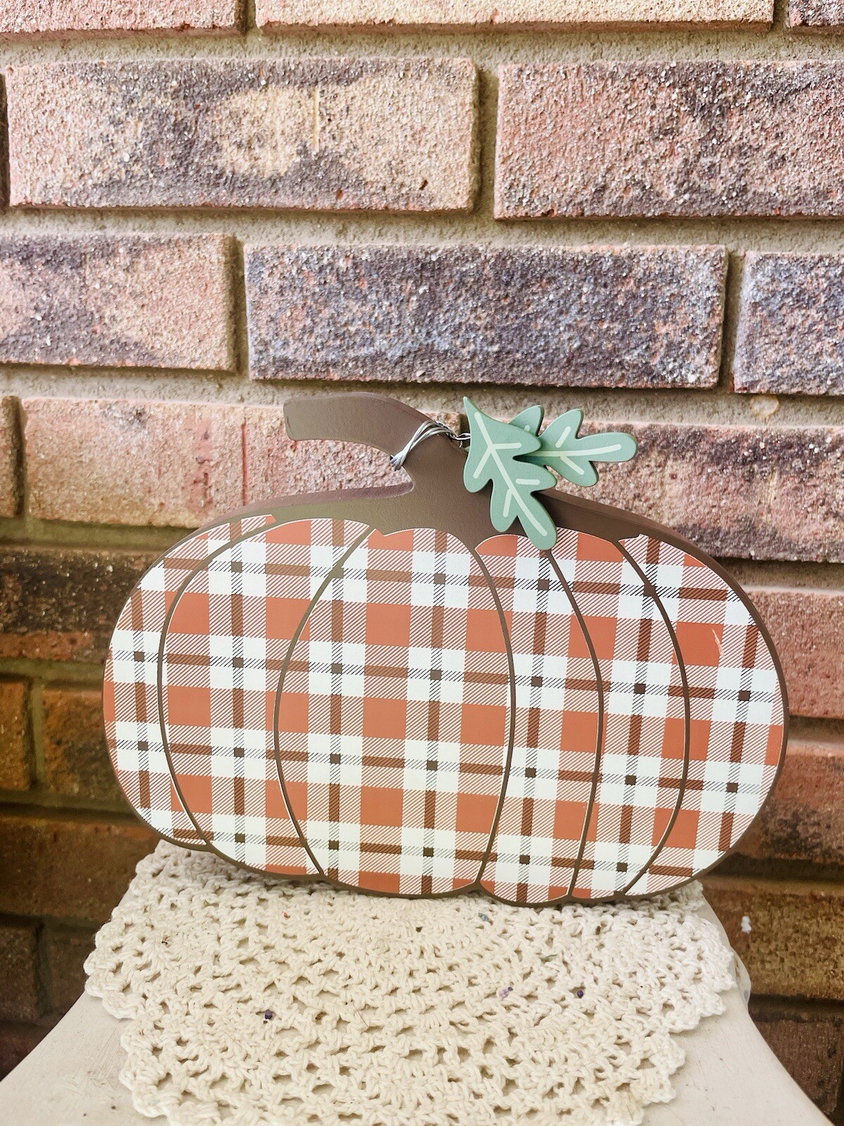 Orange Plaid Chunky Pumpkin Shelf Sitter