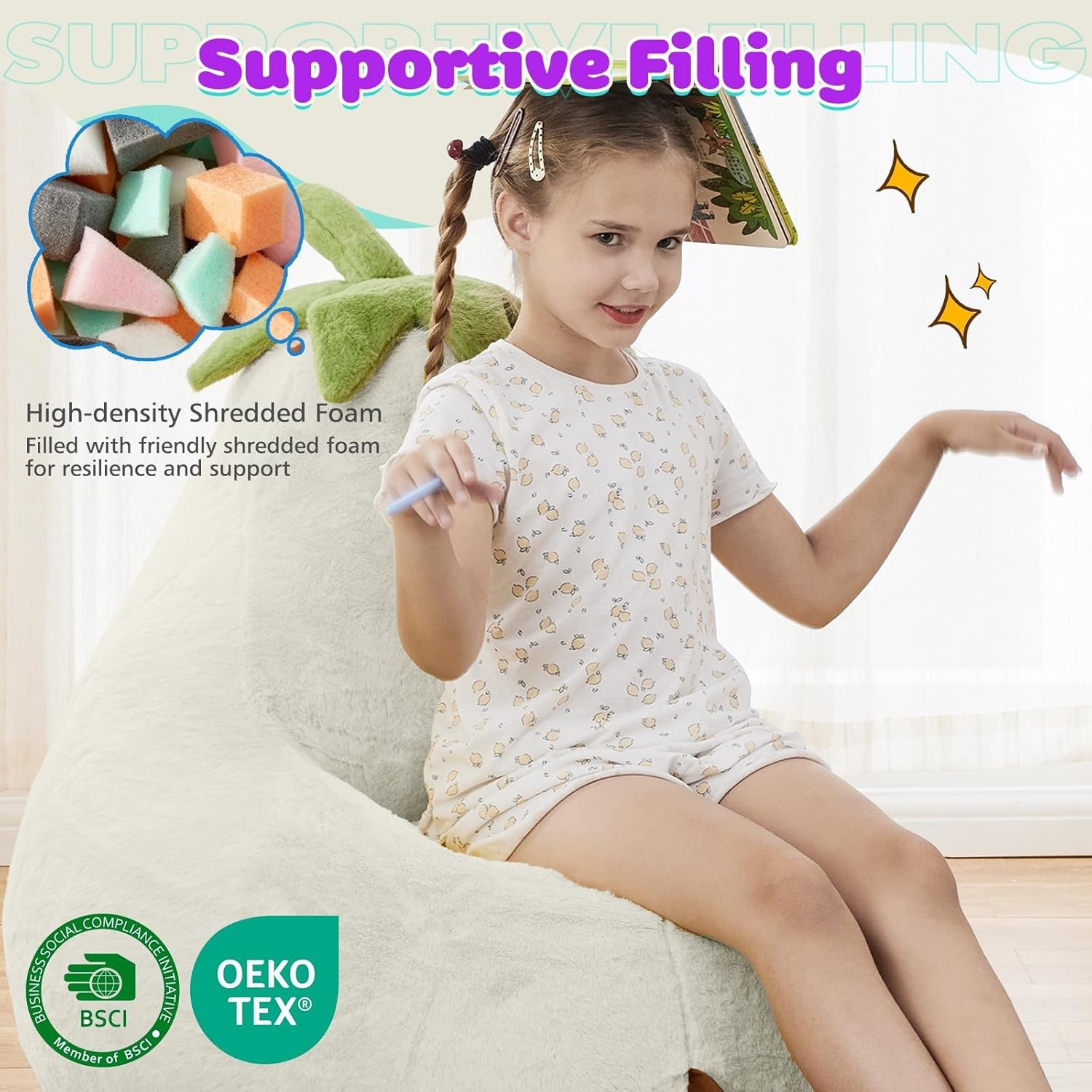 Kids Bean Bag Chair Stuffed Toddler Couch w/ Faux Rabbit Fur Cover for Teens Kid