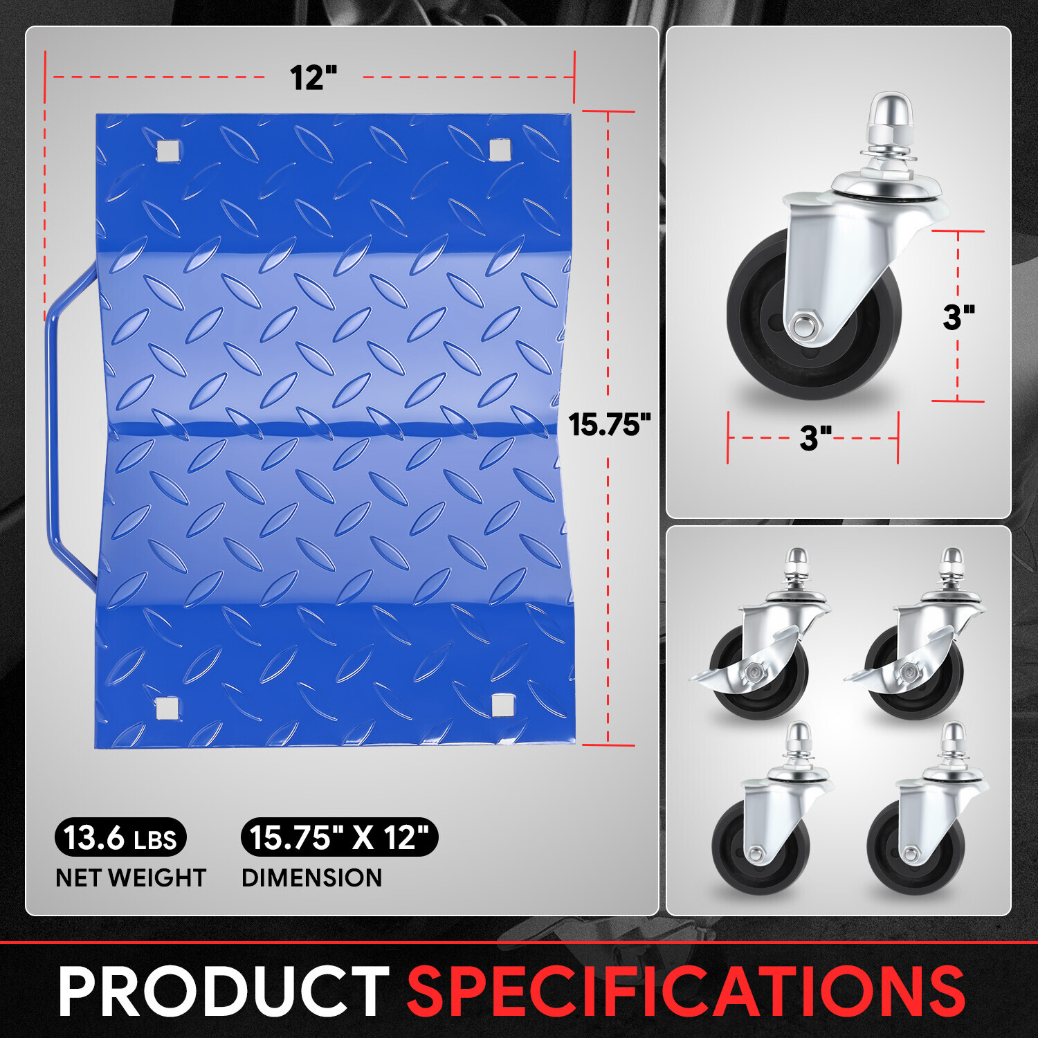 [4PCS] 6000lbs.Heavy Duty Skate Car Tire Wheel Dollies Auto Repair Slide Blue