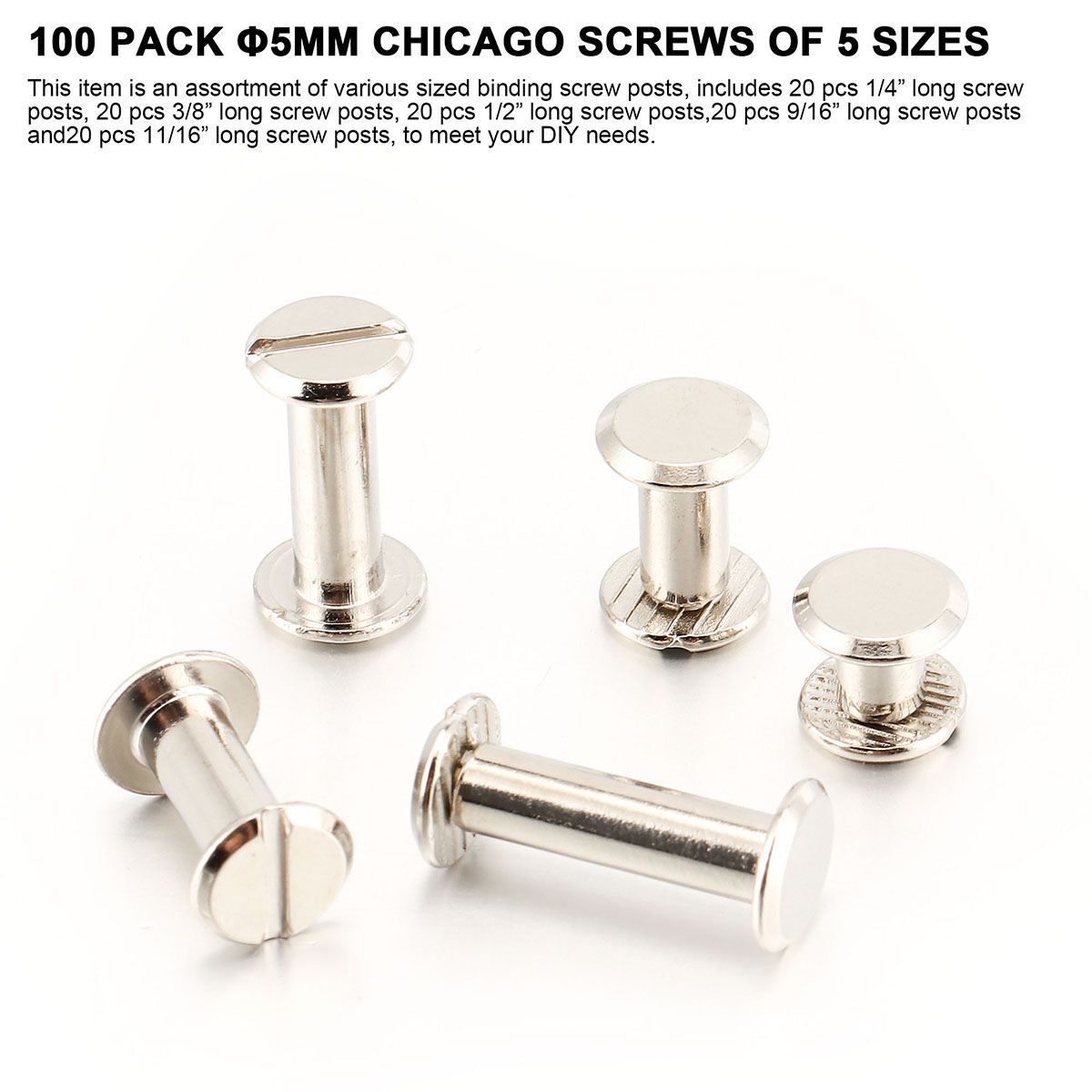 100Pcs Chicago Screws Metal Screw Posts Nail Rivet for Leather Crafts 5 Size Set