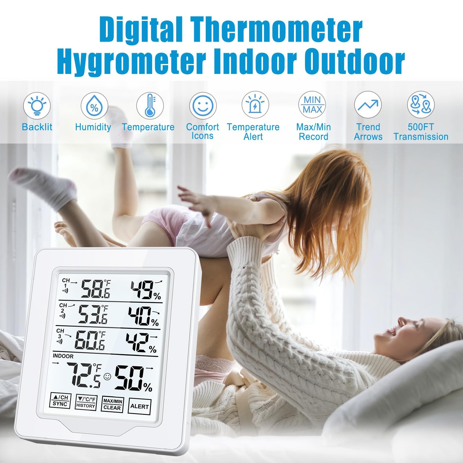 Indoor Outdoor Thermometer Wireless with 3 Remote Sensors Digital Temperature
