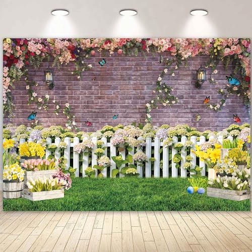 7x5ft Spring Backdrop for Photography Flower Fence Pink Brick Wall 7’x5‘