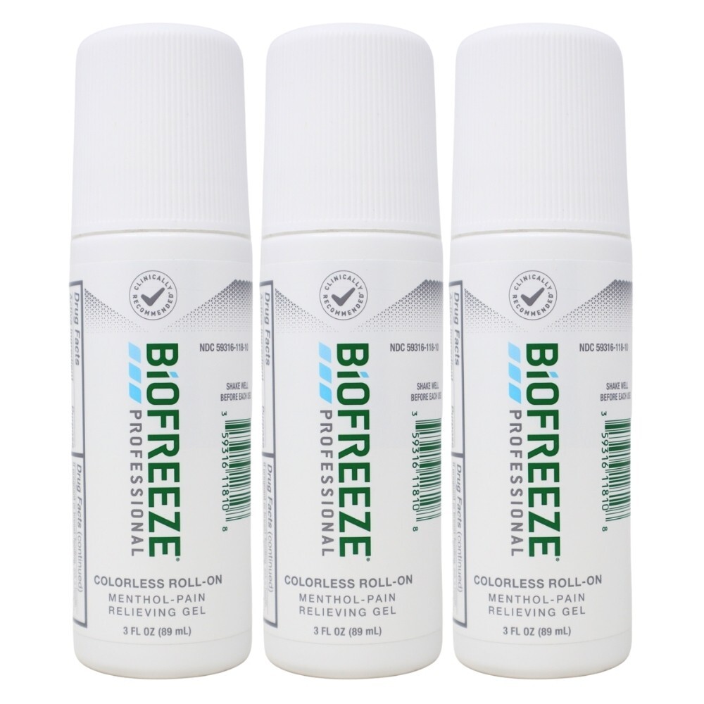 3-Pack Biofreeze Professional Colorless Roll-On Menthol Pain Relieving Gel, 3oz