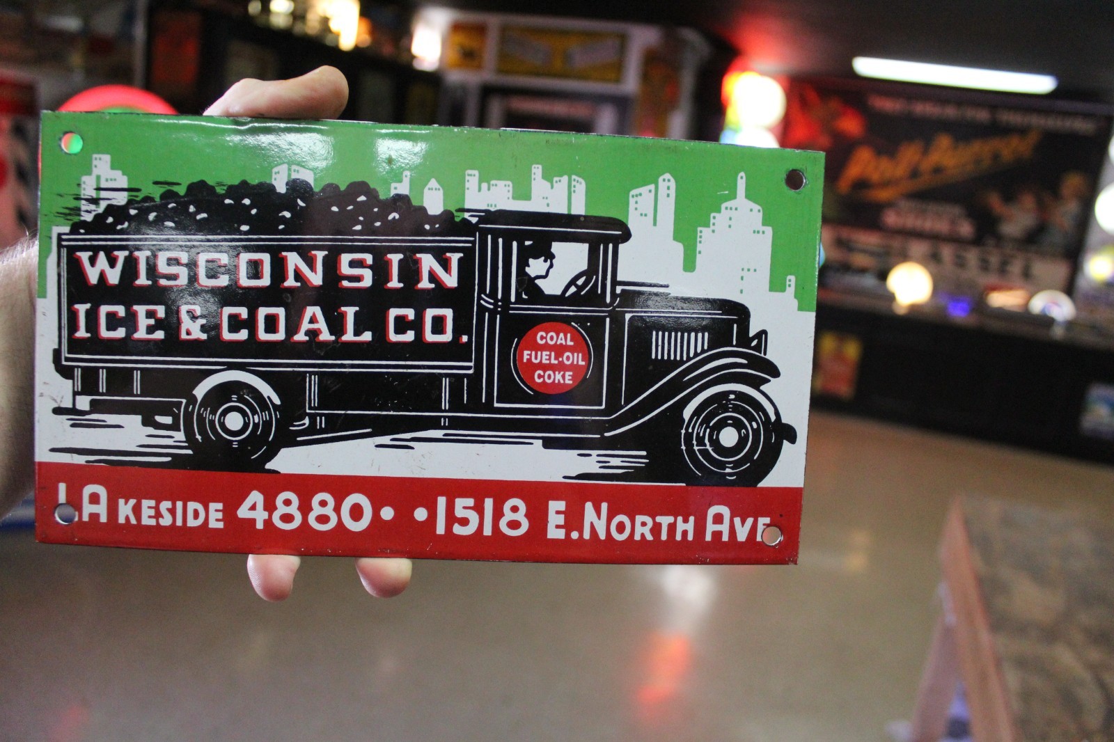 RARE WISCONSIN ICE AND COAL DEALER PORCELAIN METAL SIGN TRUCK GAS OIL MILWAUKEE
