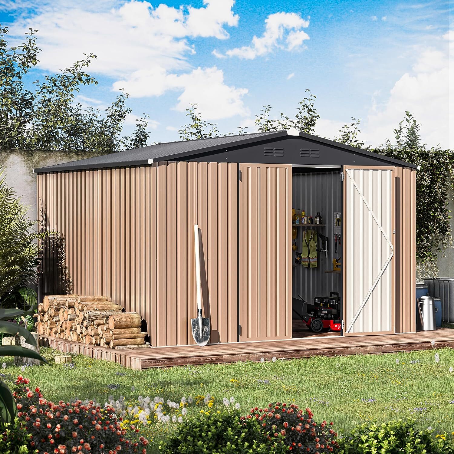 AECOJOY 4'x6'/ 6'x8' Outdoor Metal Storage Shed for Garden Tools Lockable Door