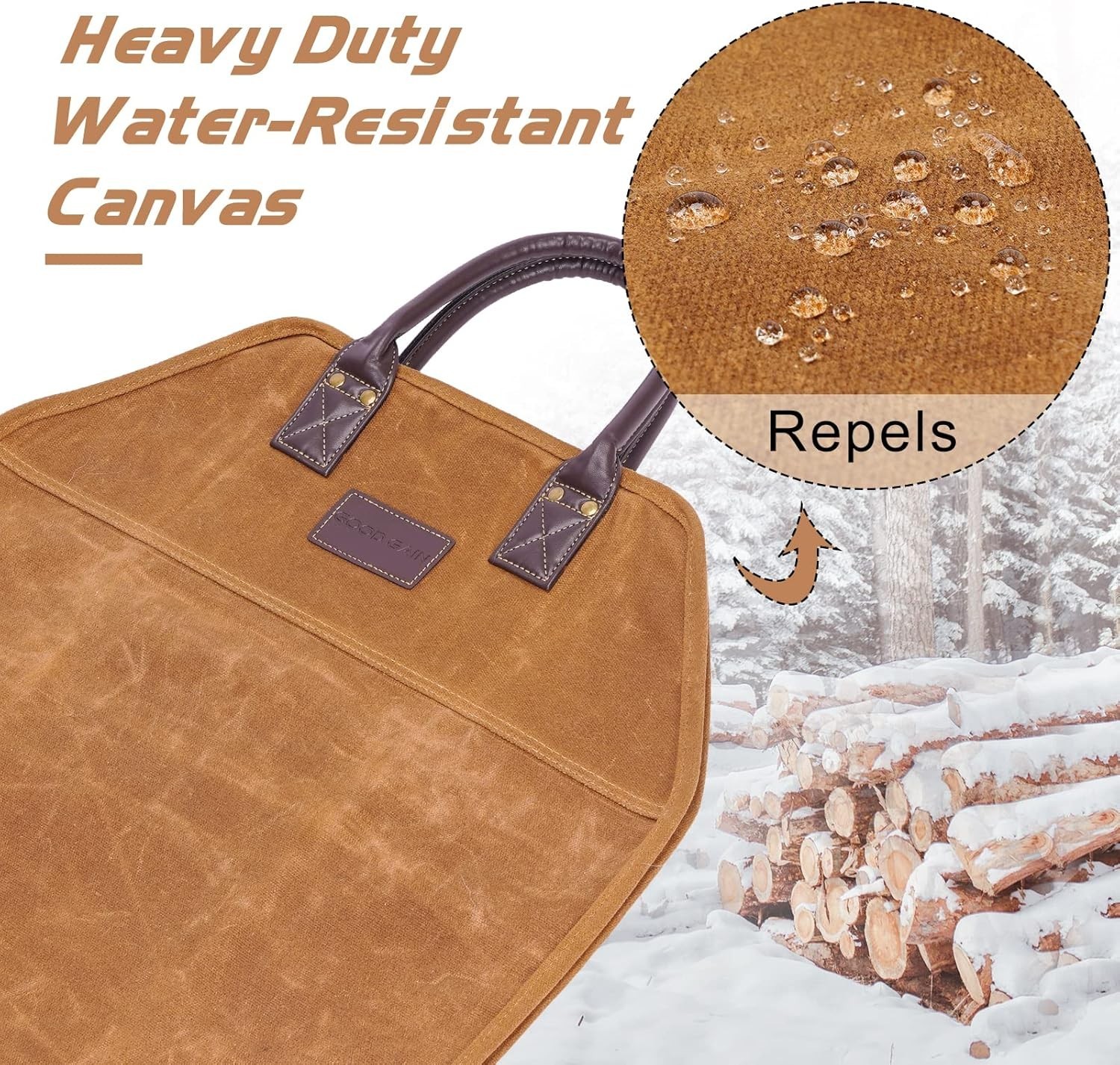 Firewood Carrier Waxed Canvas with Leather Handles, Wood Carrier for Firewood