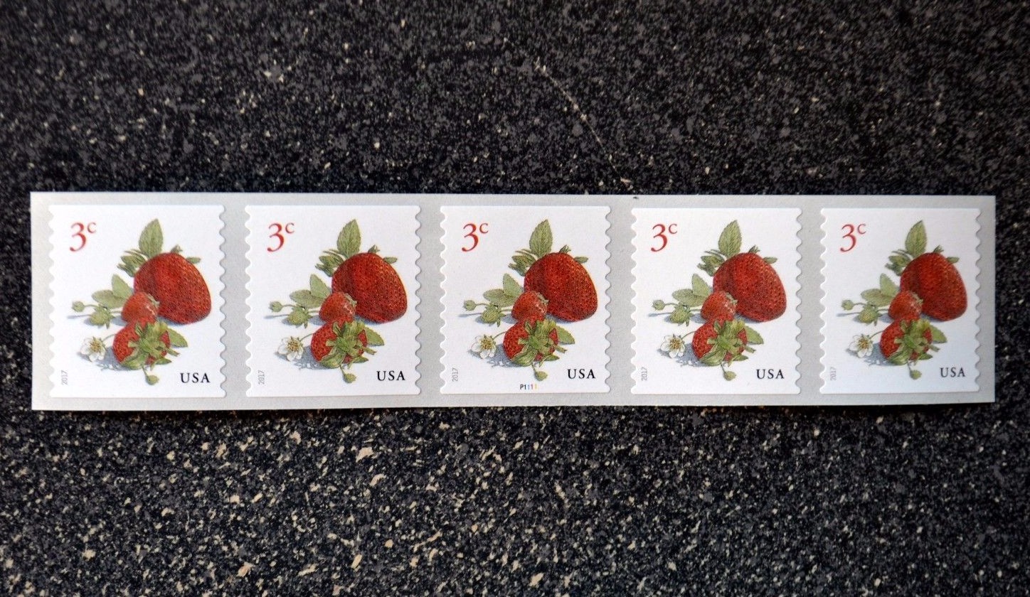 2017USA #5201 3c Strawberries - Plate Number Coil Strip of 5 - PNC Mint