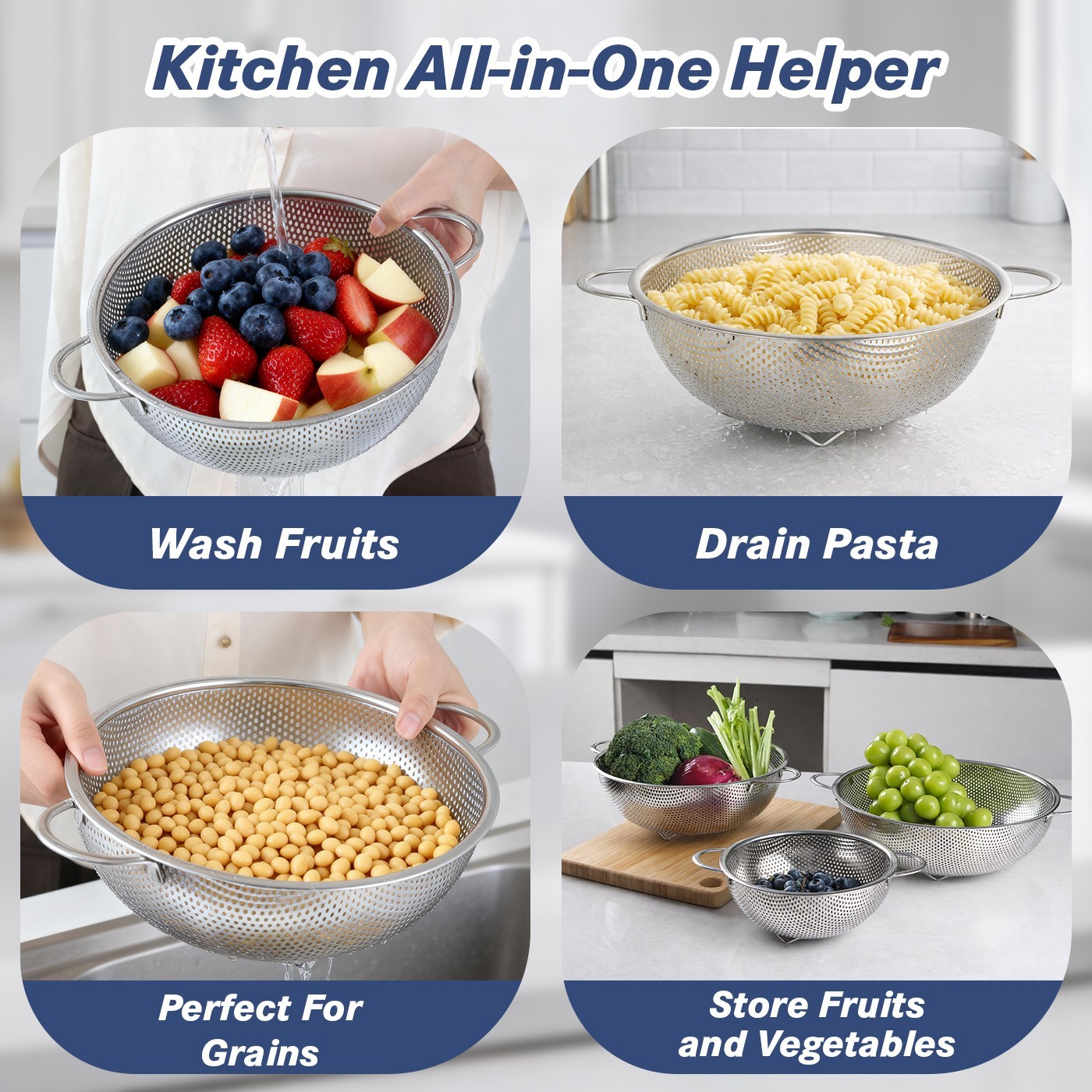 tastyWay 3Pcs Colander Set Stainless Steel Kitchen Bowl Drainer Vegetable Sieve