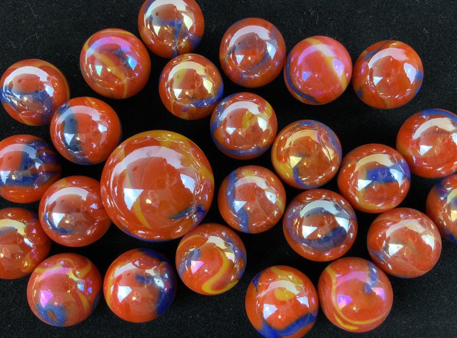 25 Glass Marbles SUPERNOVA iridescent Red Blue Yellow Game Pack Shooter