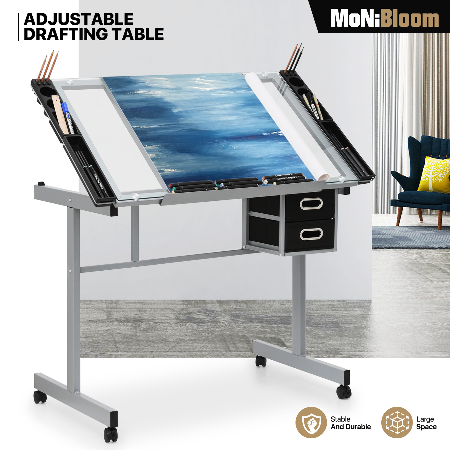 Adjustable Rolling Drafting Table Tempered Glass Tabletop Painting Work Station