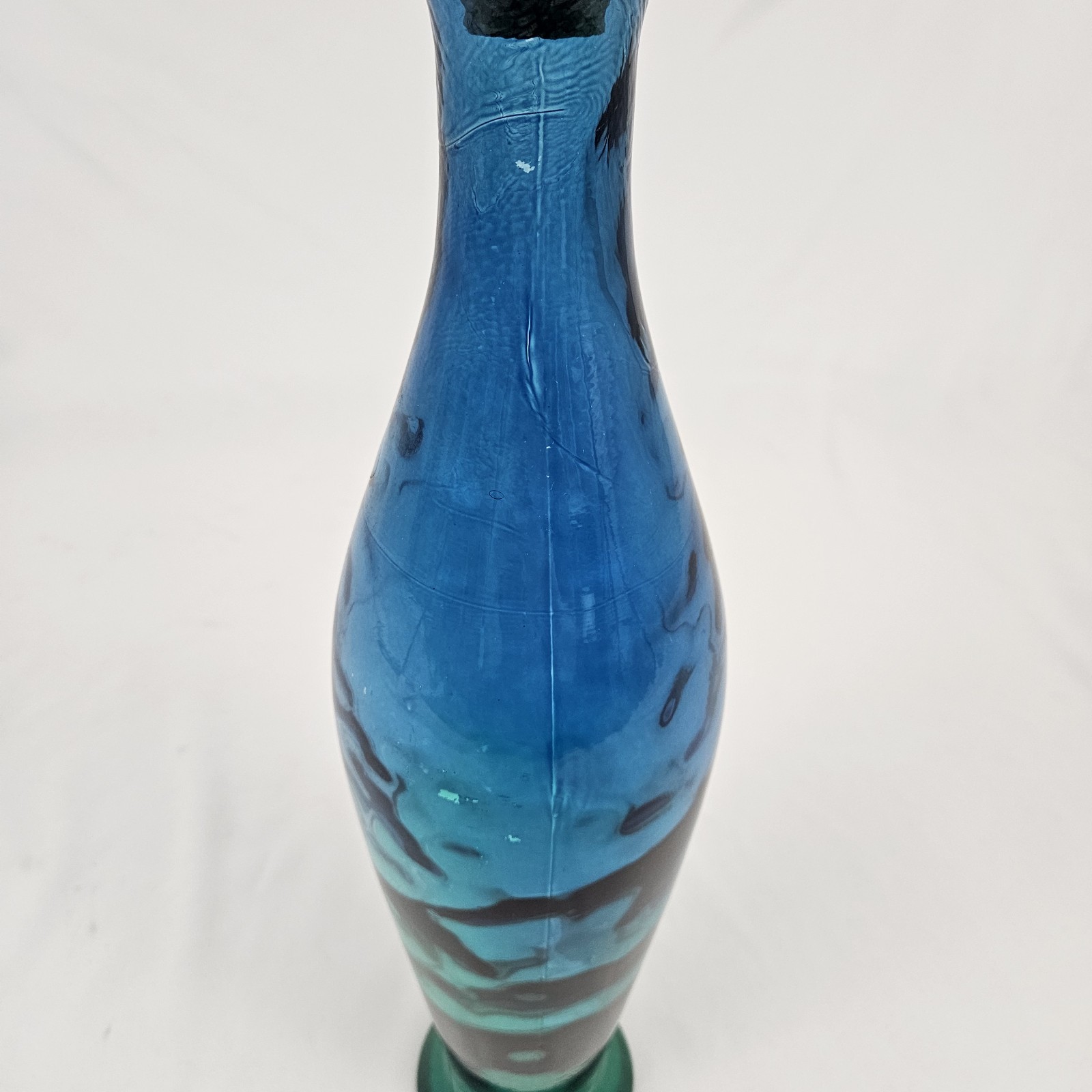 Vintage Blown Glass Decanter Genie Bottle 19” Tall W/ Stopper Blue Flash Pier 1