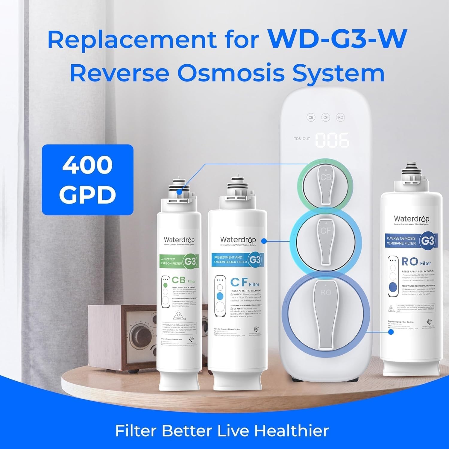Waterdrop G3 Replacement Filter, Replacement for WD-G3-W 400GPD Reverse Osmosis