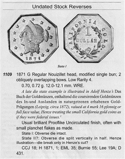 1871 G$1 CALIFORNIA FRACTIONAL GOLD / PCGS AU58 / BG-1109