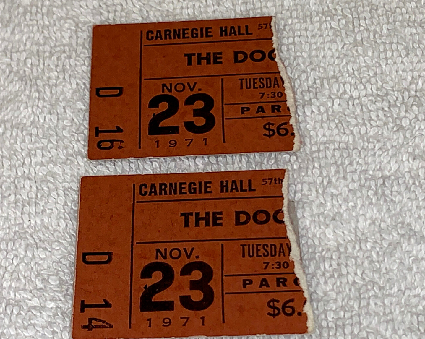 THE DOORS 1971 CONCERT TICKET STUBS CARNEGIE HALL Ray Manzarek Robby Krieger USA
