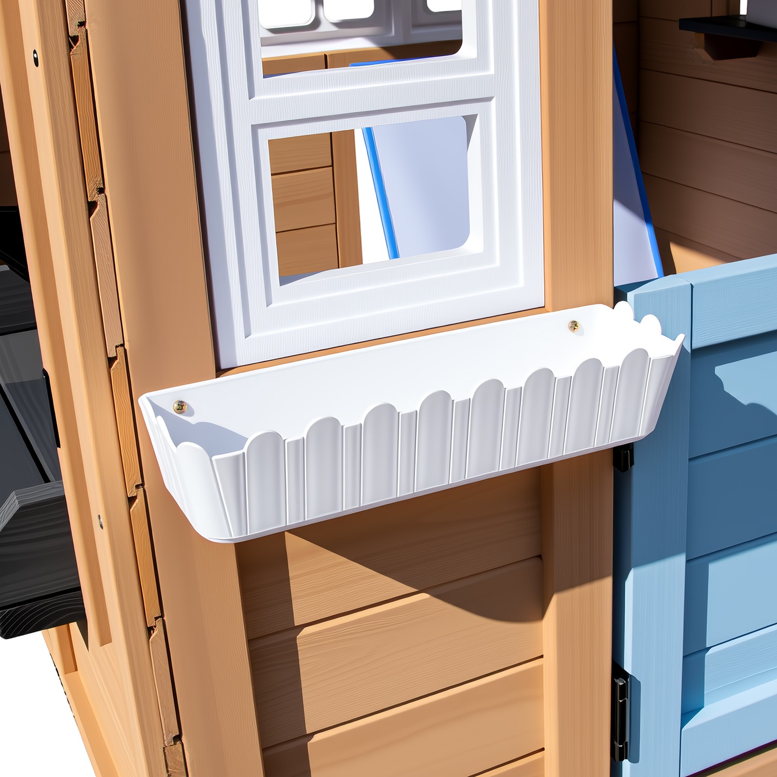 Kids Wooden Playhouse with Bench,Play Kitchen,Chalkboard,Flowerpot,Birdcage