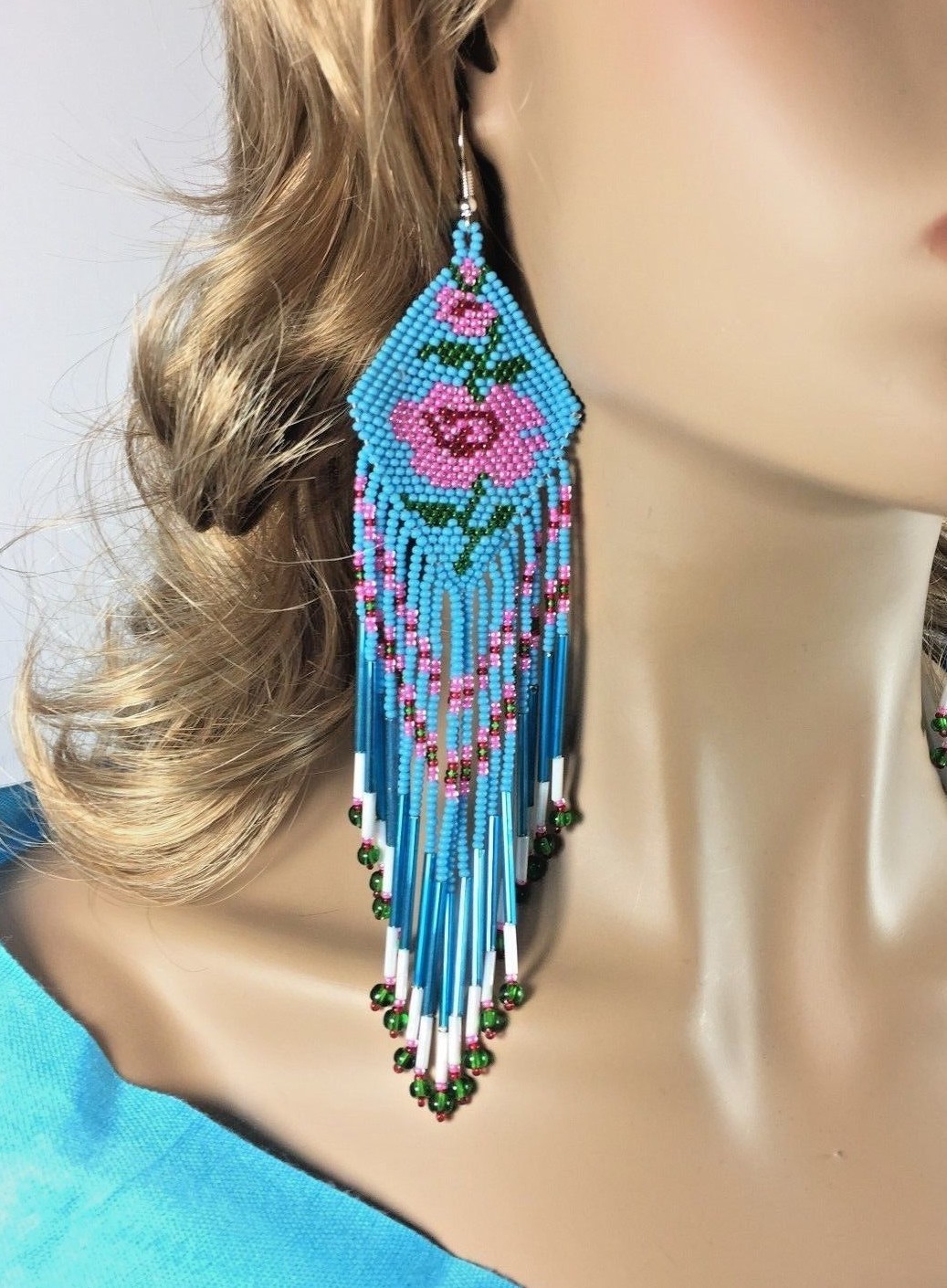 NATIVE STYLE BEADED HANDMADE BLUE EXTRA LONG ROSE FLOWER HOOK EARRINGS
