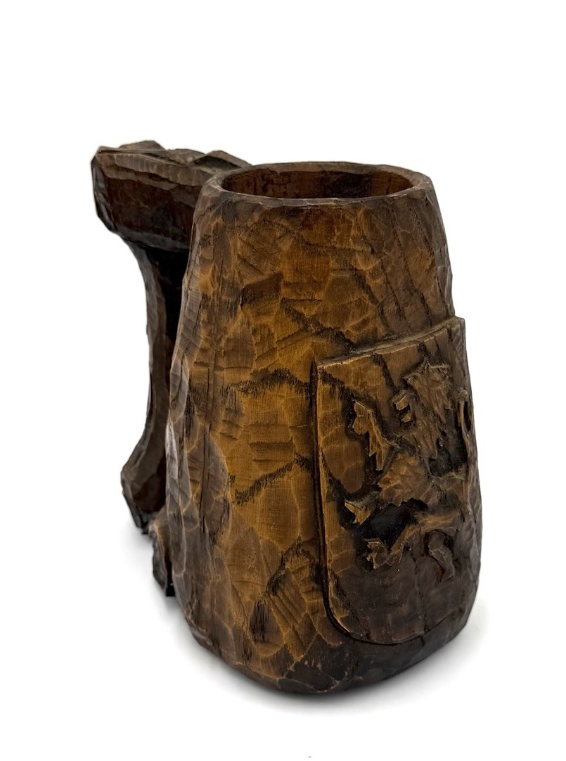Hand Carved Wood Tankard Mug w Lion Crest Rustic Medieval Decor