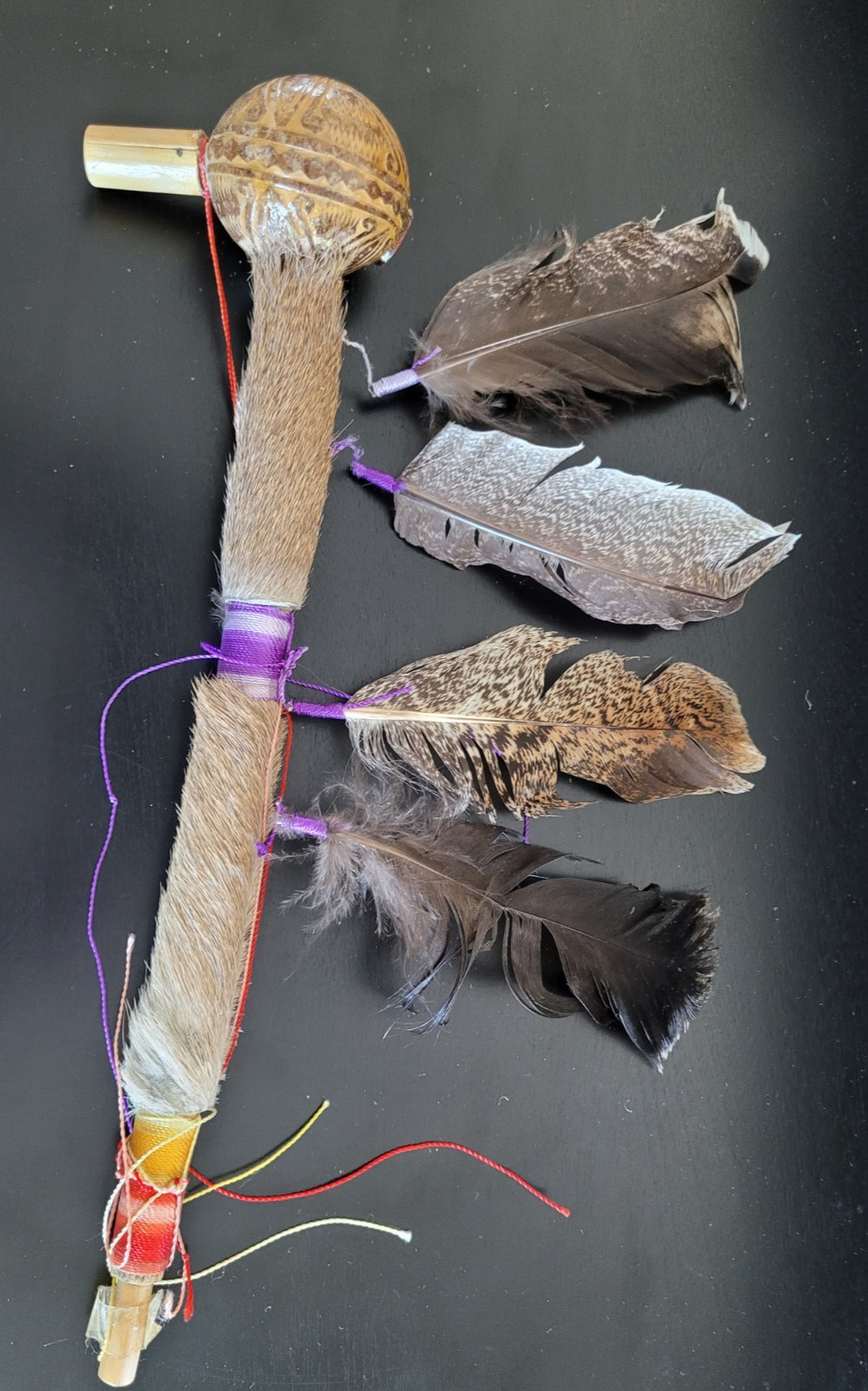 Vtg Native American Navajo Talking Ceremonial Stick Turkey Feather Deer Fur