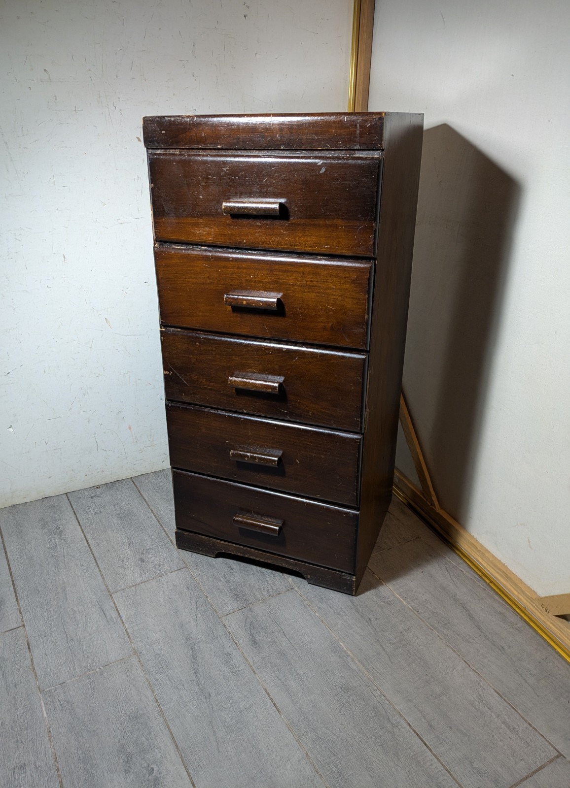 Vintage Art Deco Wood 5-Drawer Narrow Tallboy Dresser Lingerie Chest Cabinet N23