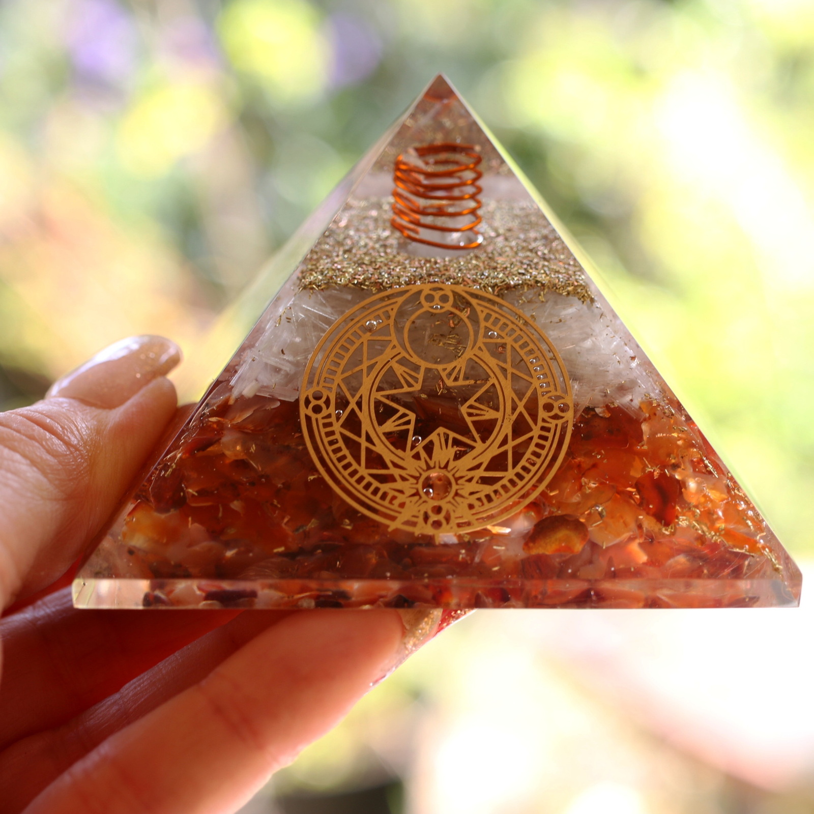 Natural Carnelian and Selenite Orgone Pyramid XL 75mm 3 inch EMF & 5G Protection