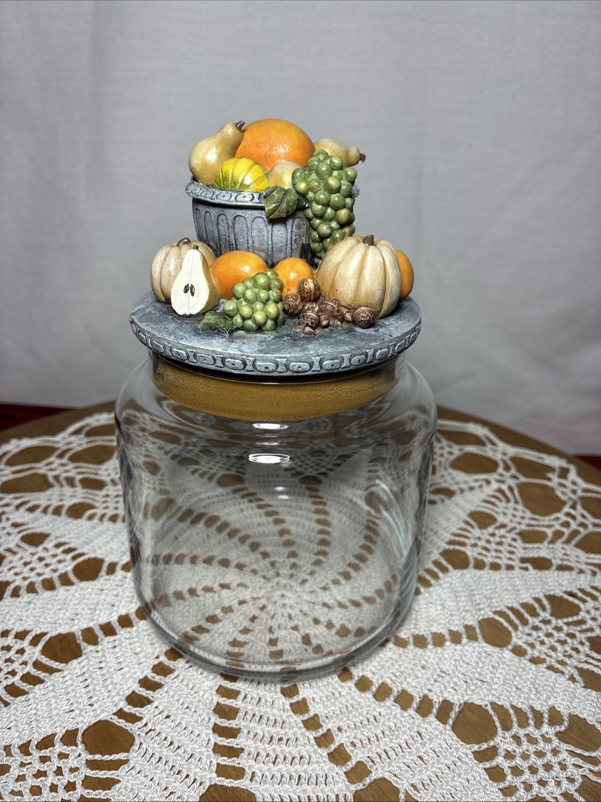 Empty Candle Jar. Fall Harvest Decorative Top Storage. Clear Glass