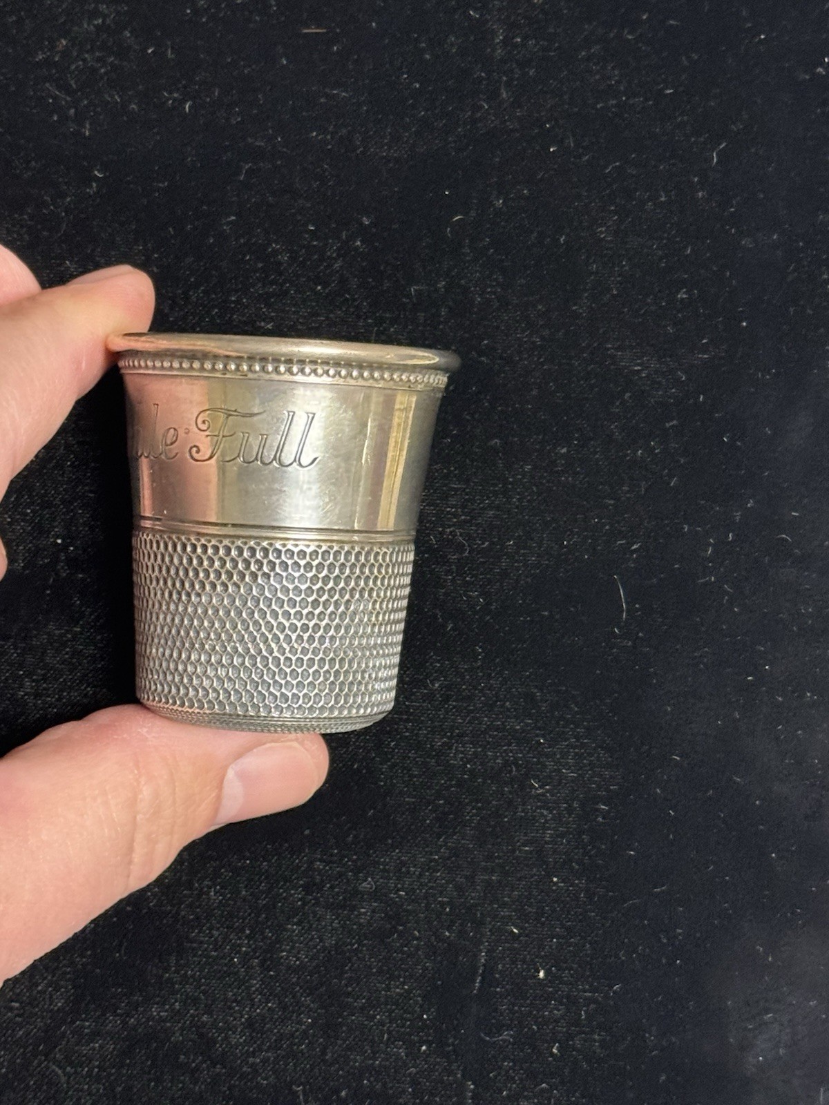 Antique Sterling "Only A Thimble Full" Shot Glass By Charles Thomae