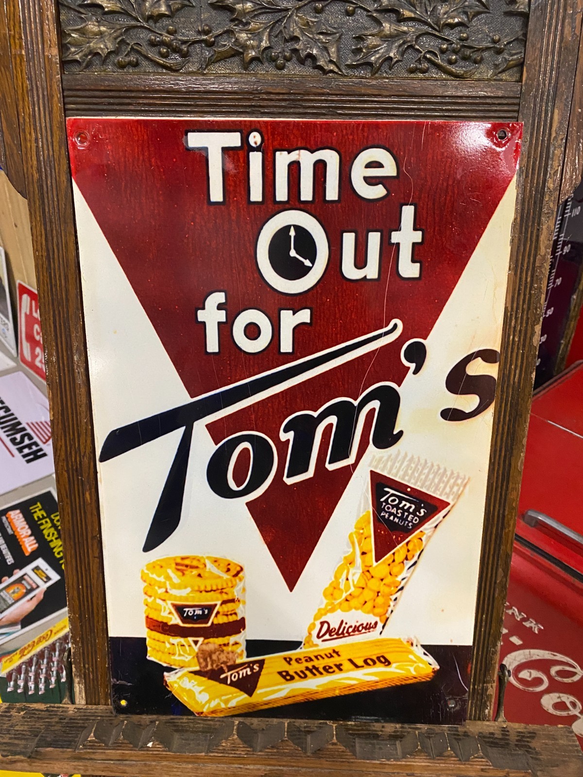 Tom's Snacks Metal Sign 13 3/4" x 21 3/4" GAS OIL COLA SODA TIME OUT FOR TOM'S