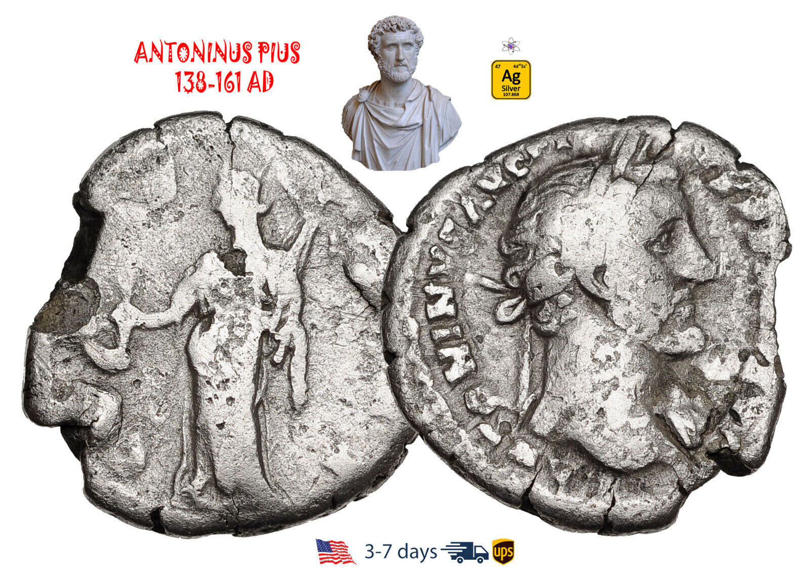 Ancient Roman Empire Coin Silver Denarius ANTONINUS PIUS 138-161 AD #31090
