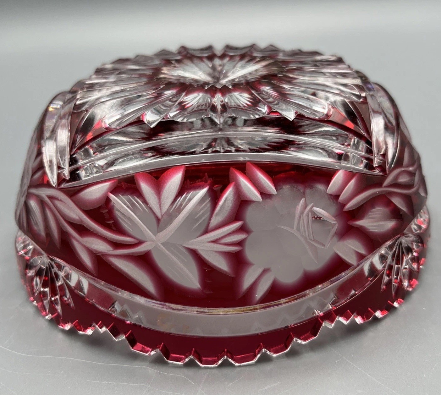 Vintage Ruby Red Cut to Clear Crystal Bowl Sawtooth Rim Etched Roses Starburst