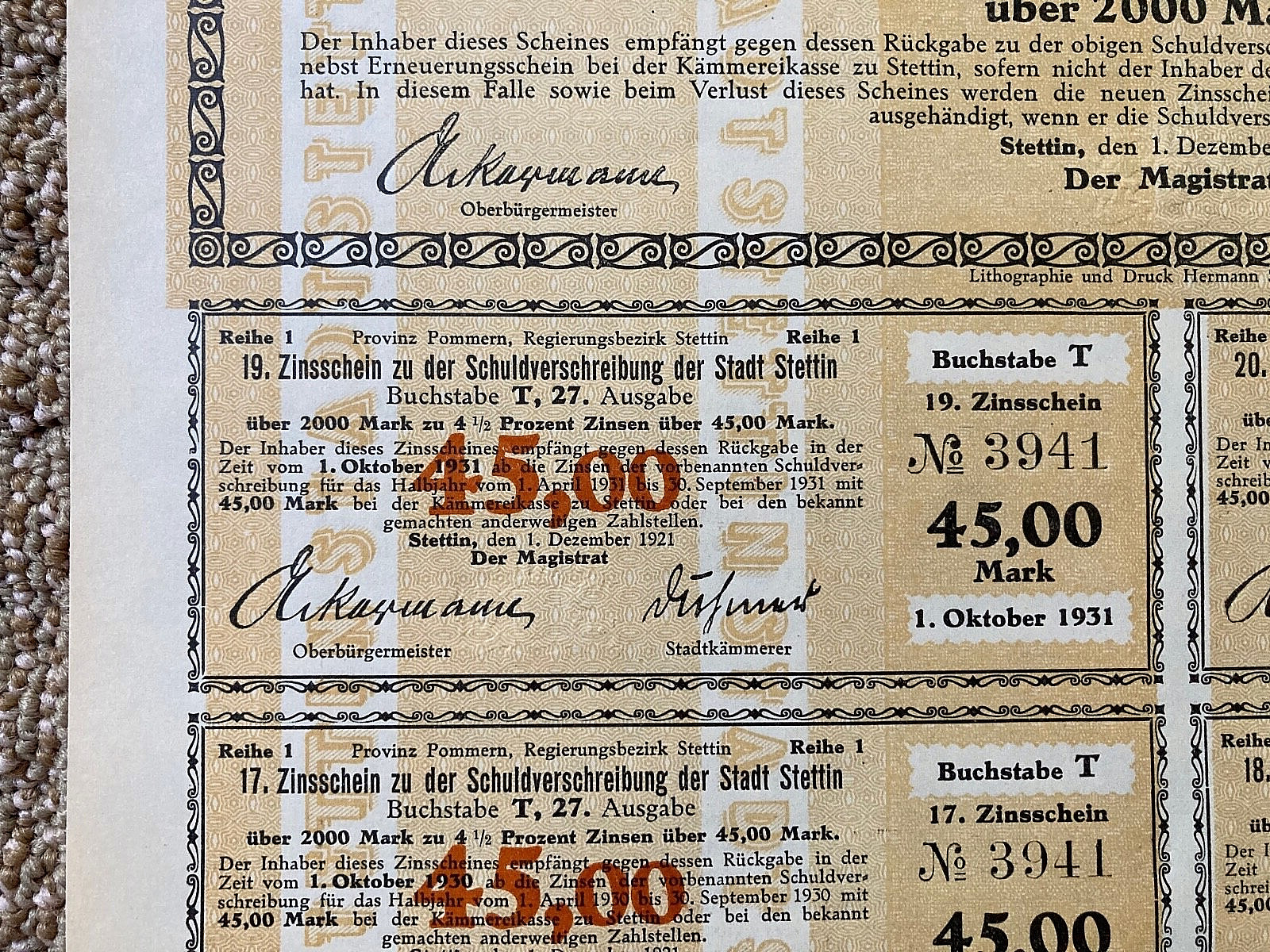 ORIGINAL - (OBSOLETE) GERMAN WEIMAR REPUBLIC BOND FOR STETTIN,GERMANY 2000 MARKS