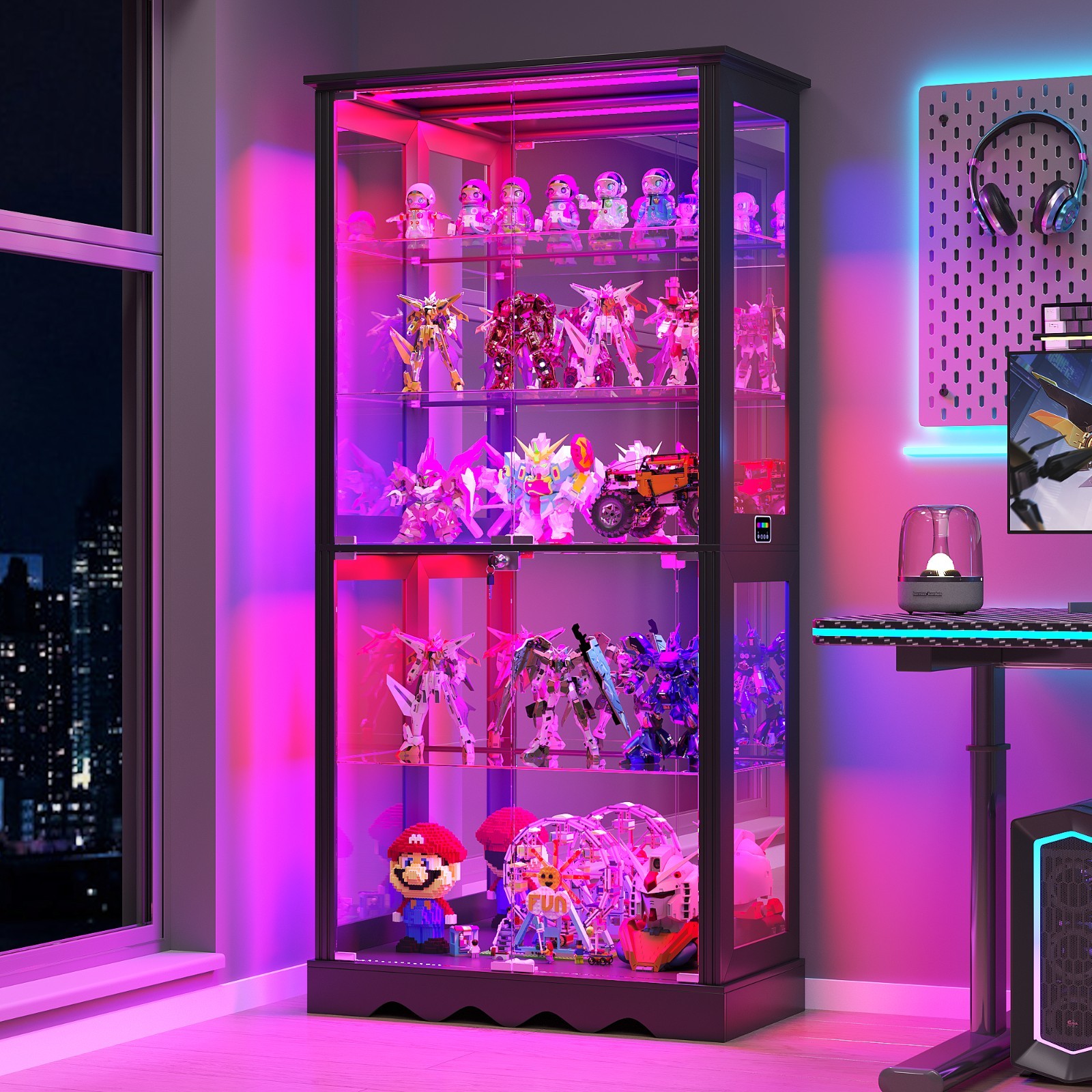 Display Cabinet with Glass Doors, Curio Cabinet with RGB Lights for Collectibles