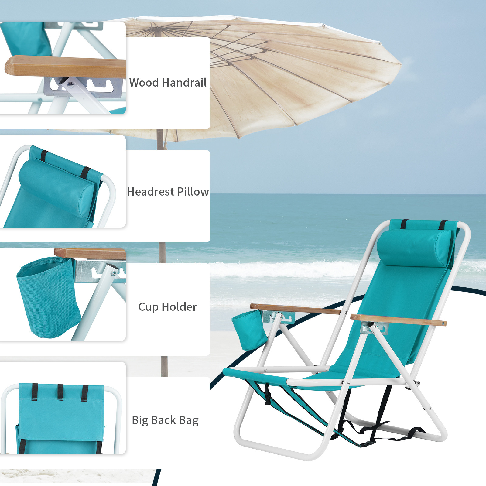 Folding Beach Chair, 4 Position Portable Backpack Camping Chair Cup Holder