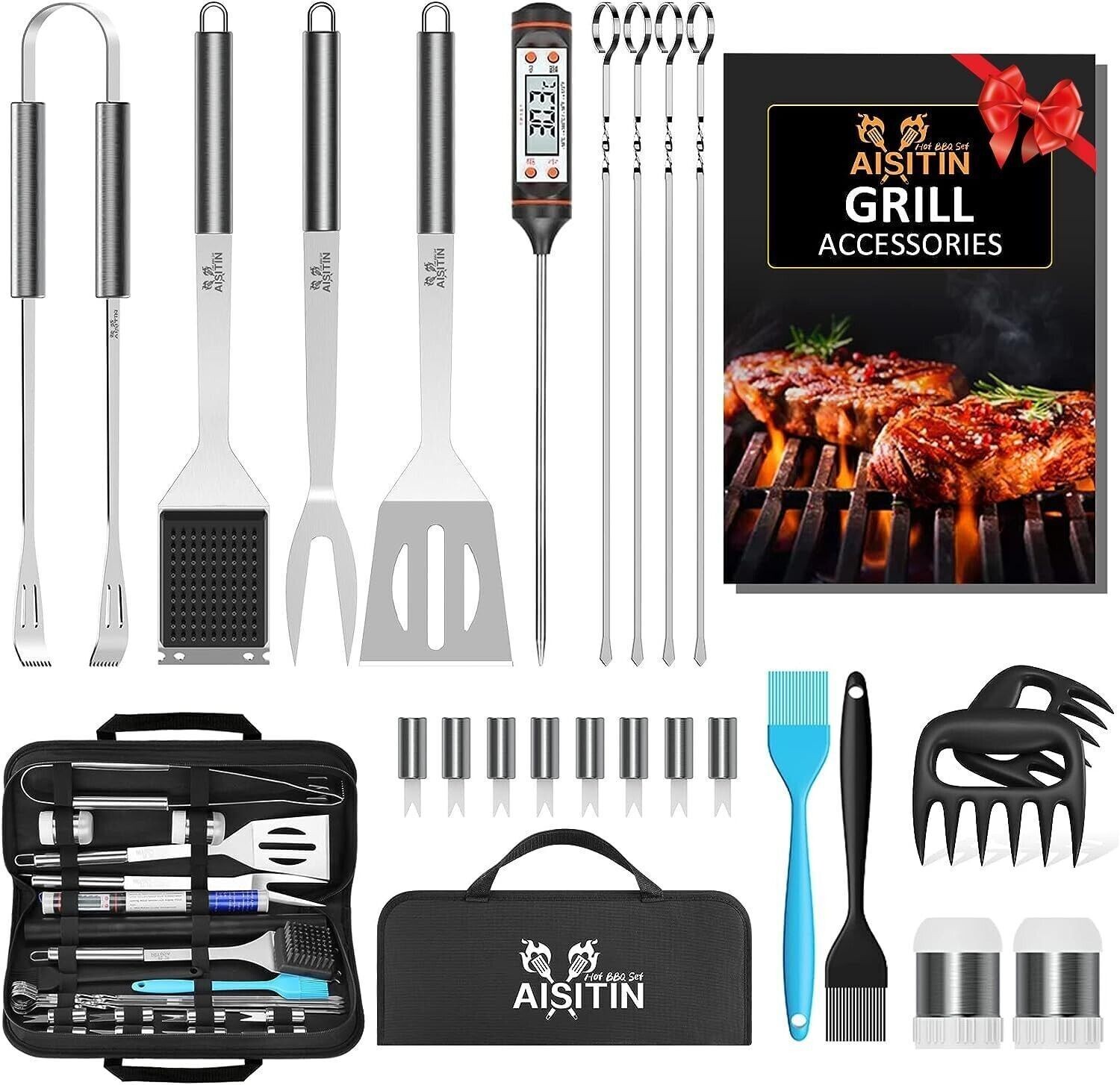 BBQ Tool Set Stainless Steel Outdoor Grill Utensil Cooking Cutlery Kit with Case