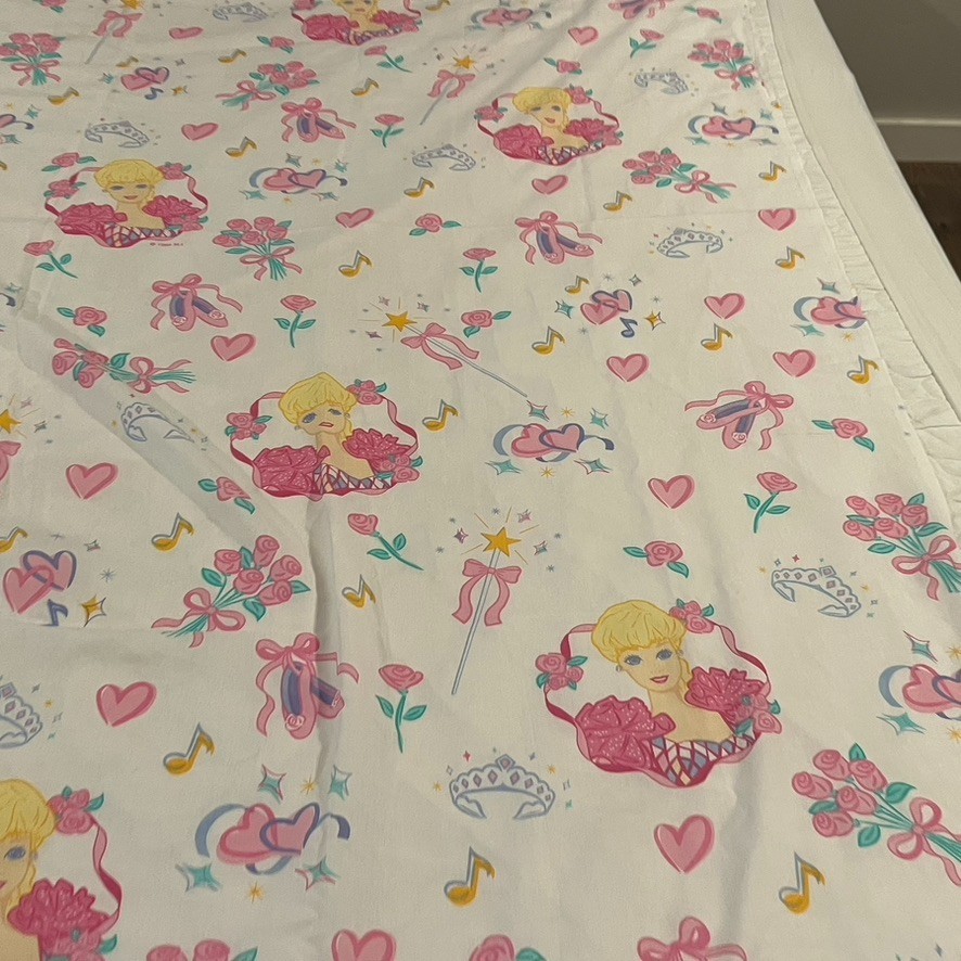 Barbie Flat Bed Sheet VTG 1995 Dan River Pink White Ballerina Twin Size 90x66"