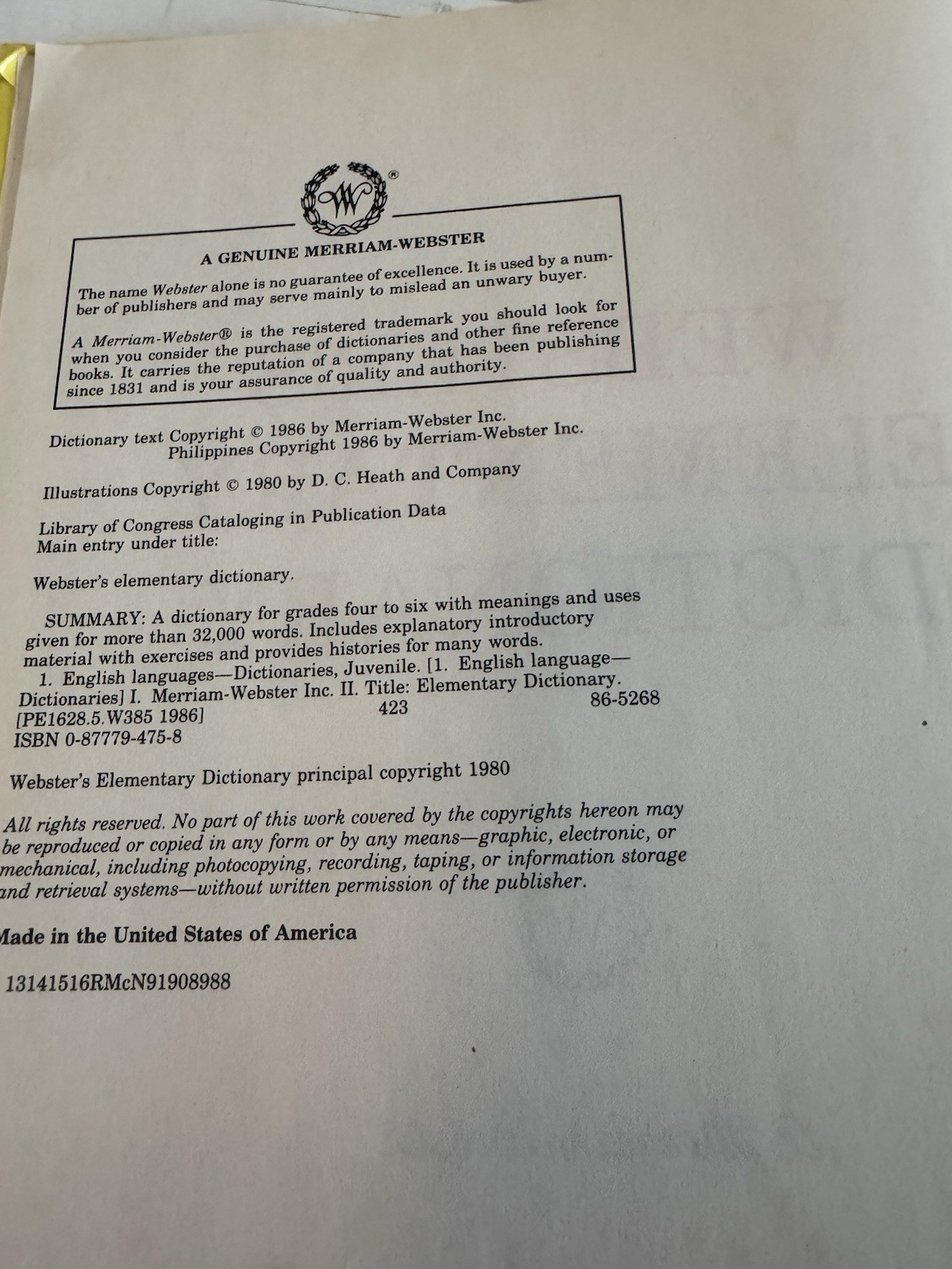 Webster's Elementary Dictionary 1980 Yellow Cover