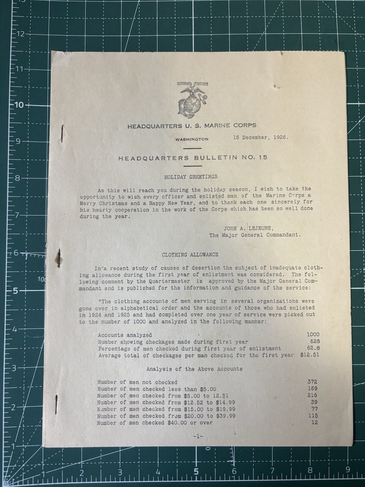 Post WW1 USMC Rare General Lejeune Headquarters Bulletin Document 1926