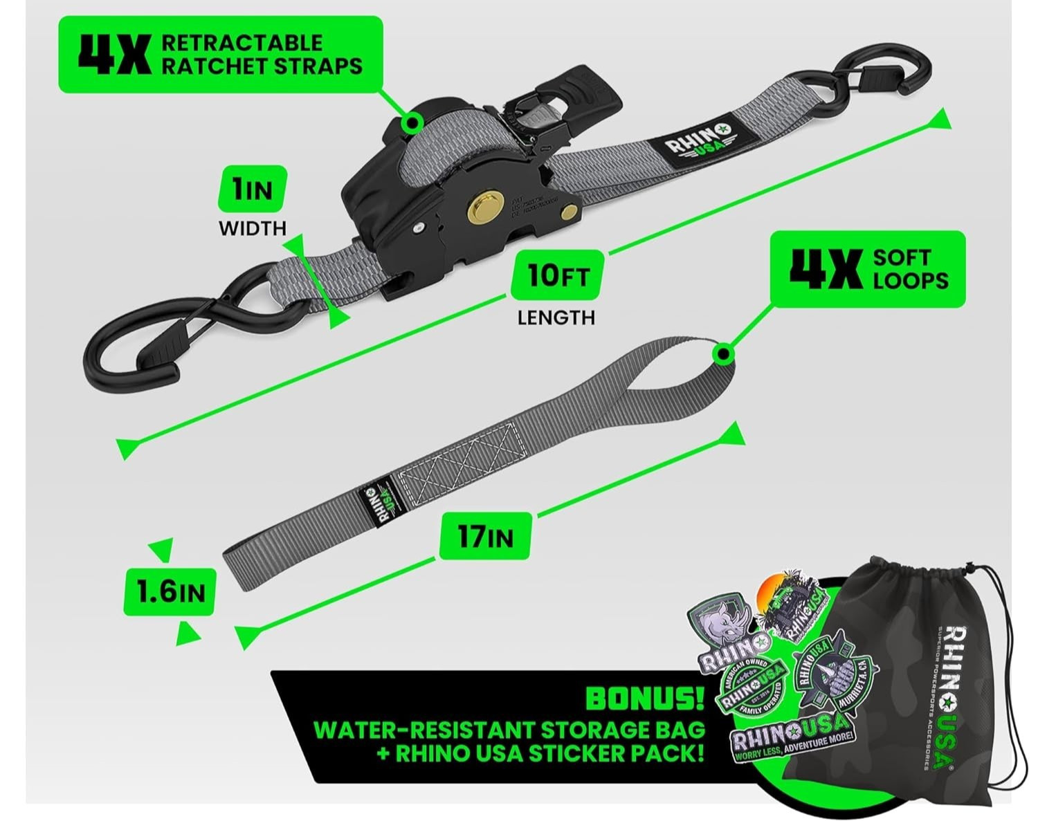 Rhino USA Retractable Ratchet Straps (4-Pack) 1 Inch x 10 Feet 1209lb Break Grey