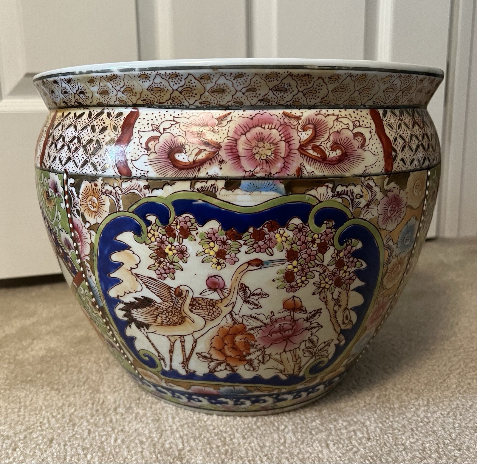 Chinese Koi Fish Bowl Jardiniere Pot Planter Hand Painted Porcelain 12"