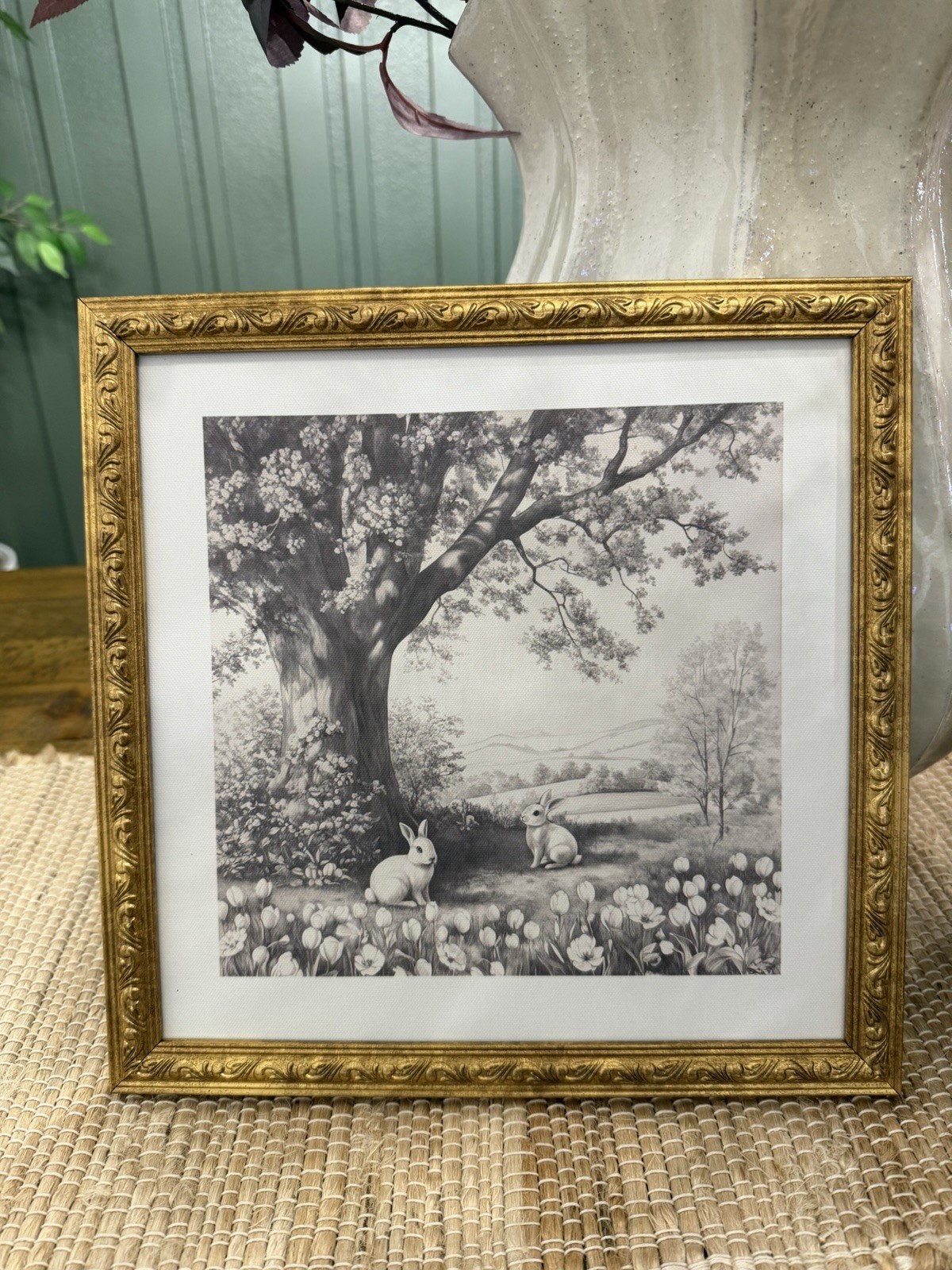 Bunnies in Nature Framed Easter Artwork, Black and White, 12" x 12", by My Texas